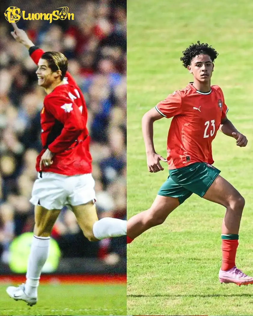 Ronaldo Jr ghi bàn đúng ngày Ronaldo cha có bàn thắng đầu tiên cho Manchester United cách đây 22 năm.Ảnh: Rex Ronaldo Jr ghi bàn đúng ngày Ronaldo cha có bàn thắng đầu tiên cho Manchester United cách đây 22 năm